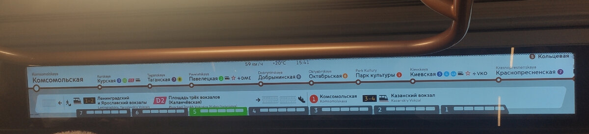 Вагонное табло с названиями станций  кольцевой линии московского метро. Фото автора