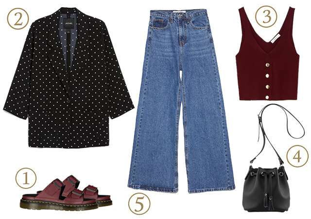 1 - Слайдеры Dr. Martens (McArthurGlen), цена по запросу; 2 - Блейзер Monki, 2160 руб.; 3 - Топ Zara, 1999 руб.; 4 - Сумка Porta 9, 4500 руб.; 5 - Джинсы Stradivarius, 2599 руб.