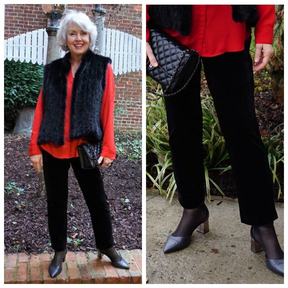 Вельветовые брюки с блузой и модным жилетом из искусственного меха