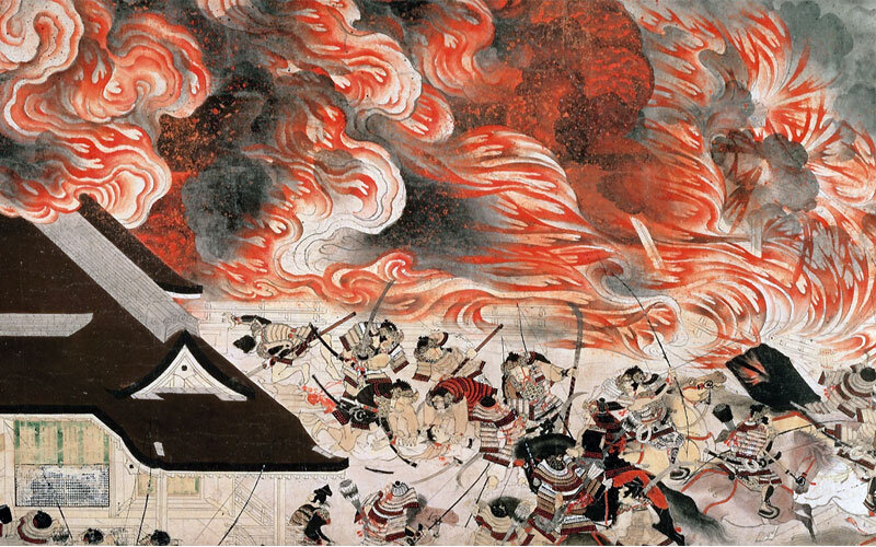 Ночная атака на дворец Санджо (фрагмент), иллюстрированные свитки событий эпохи хэйдзи (Heiji monogatari emaki) Япония, период Камакура, вторая половина 13-го века, 45,9 x 774,5 x 7,6 см (Музей изобразительных искусств, Бостон)