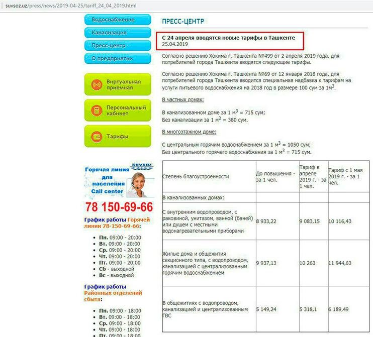 Скриншот, сделанный Kun.uz на сайте ГУП «Сувсоз»