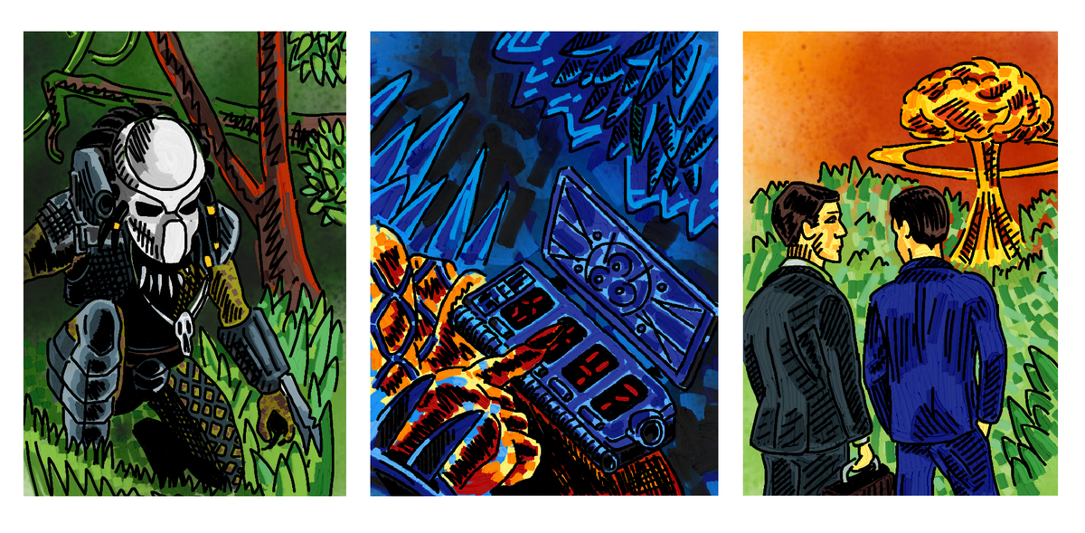  -ТАК, КАКИЕ ТАМ ОЦЕНКИ У ИГР ПРО МЕНЯ? 
*** 
-СРЕДНИЙ БАЛЛ  —  47?! ТАКОЙ ПОЗОР МОЖНО СМЫТЬ ТОЛЬКО ОДНИМ СПОСОБОМ...
***
-Мистер Хищник? Хотим сделать про вас новую крутую игру!  Сэр, где вы? 
-Ну и фиг с ним, пошли к Чужому — он хоть всегда на телефон отвечает.