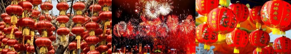Красные фонарики на улицах Китая и залпы праздничного салюта