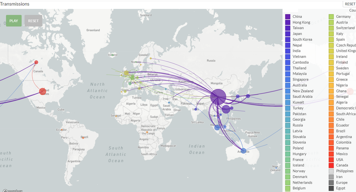 Рисунок 1: трекинг "путешествий" Covid-19 по миру