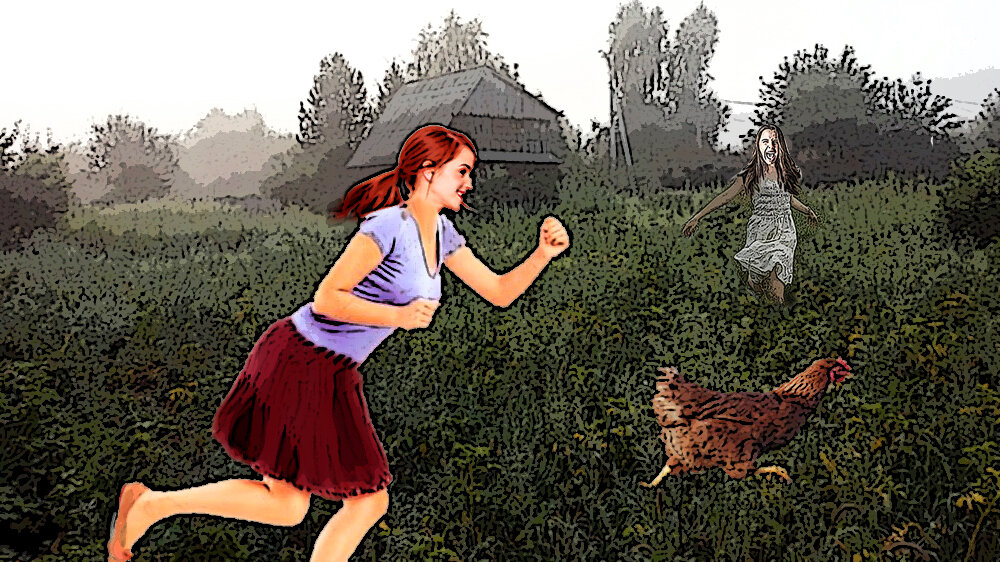 Девушки ловят курицу. Иллюстрация