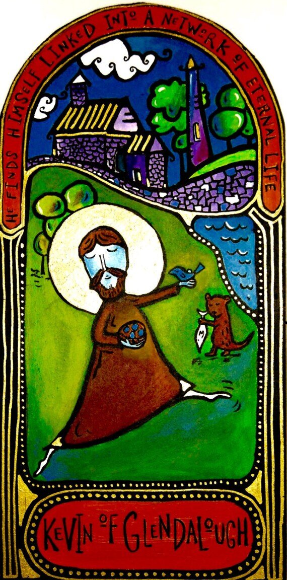 Святой Кевин. Художница Марси Холл. Святой Кевин известен как любитель живой природы. Однажды во время Великого Поста он молился с простертыми руками, и прямо в его ладонь села птичка и свила гнездо. И Святой Кевин весь пост так и простоял с вытянутой рукой, пока птичка (самка черного дрозда) не вывела птенцов и не поставила их на крыло. Однажды Св. Кевин решил основать монастырь, но король-язычник не давал ему своего королевского разрешения основывать монастыри где захочется, и тогда произошел вот этот эпизод с гусыней. Гусыня облетела вокруг долины Глендалох, где и был заложен Глендалохский монастырь. 