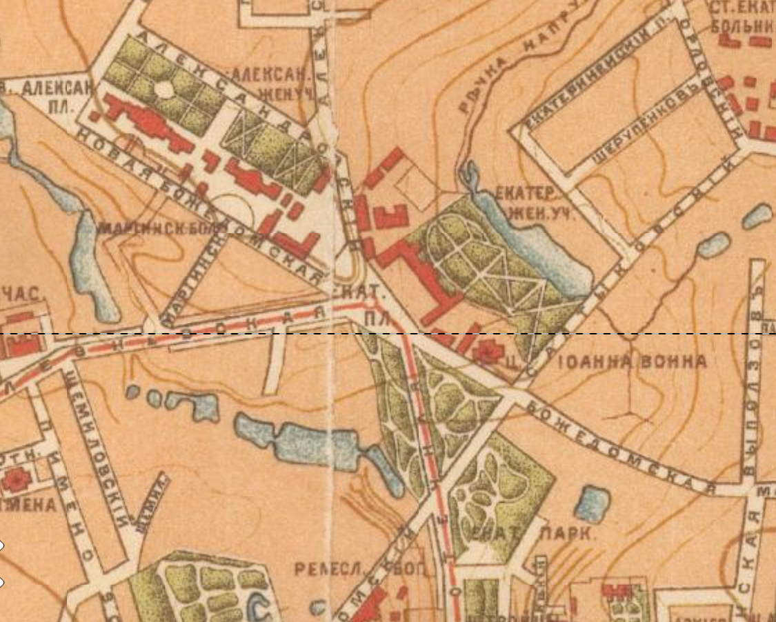 Карта Божедомки с одноимёнными улицами в 1890 году. С сайта www.retromap.ru.