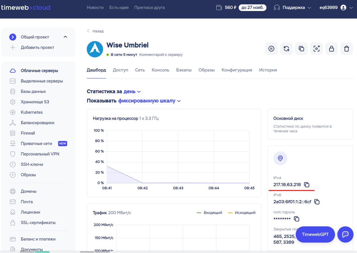 Запустил машину, машина назначила ip-адрес