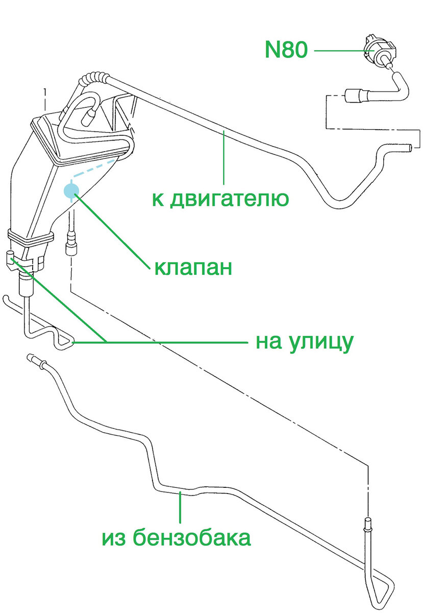 схема магистралей адсорбера VW Passat B5 1.8T