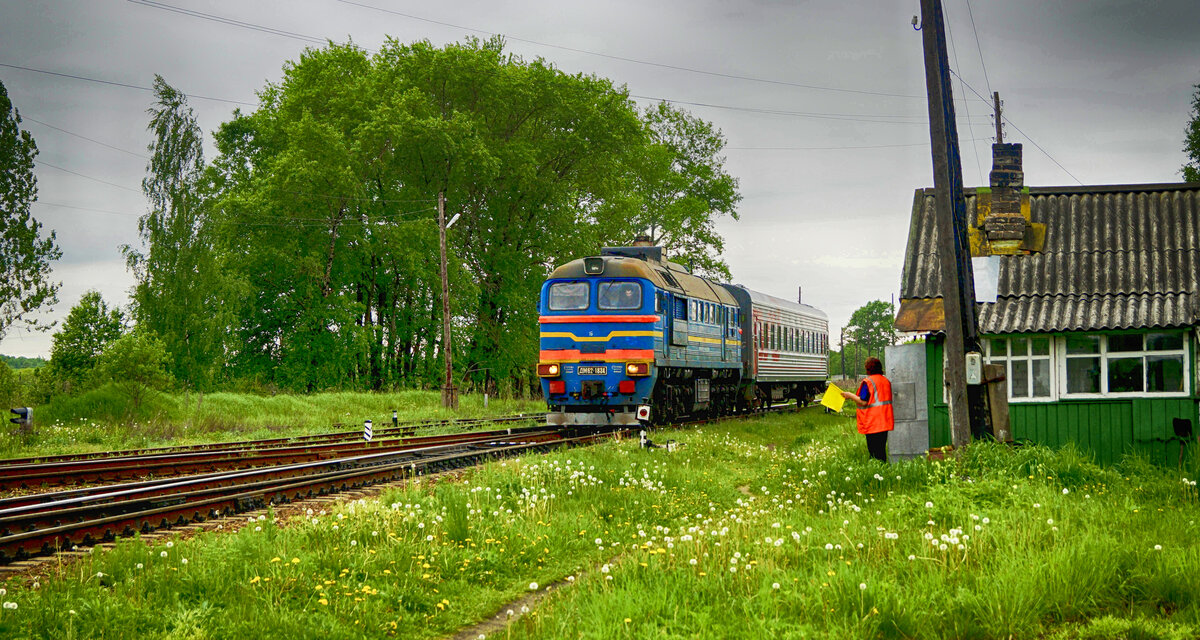Пригородный поезд №6956 сообщением Кувшиново-Осташков с тепловозом ДМ62 проходит чётную горловину станции Осташков. Фото: Алексей Алексеев