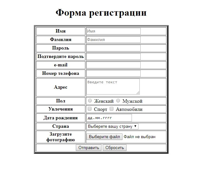 Простая форма регистрация , задействован только html