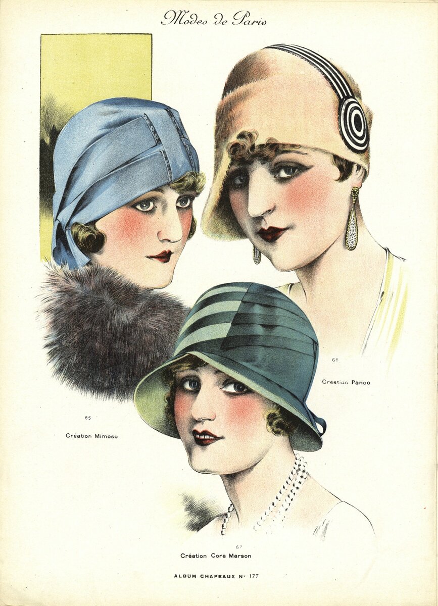Модные головные уборы эпохи Ар Деко на страницах журнала Chapeaux, 1928 год Собрание Национальной библиотеки Франции