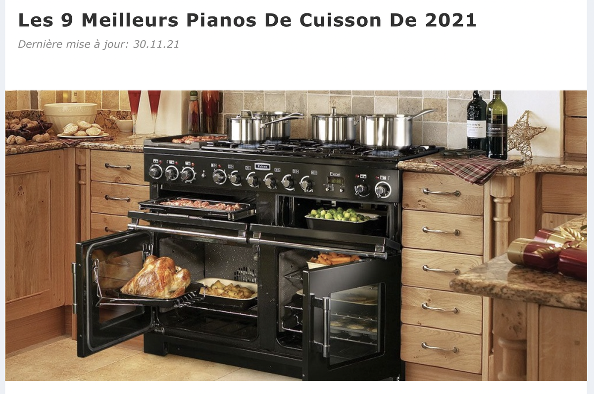 Снимок экрана страницы сайта https://lacuisinedecarole.com/le-meilleur-piano-de-cuisson/, материал посвящен сравнению лучших 9 пианино-плит 