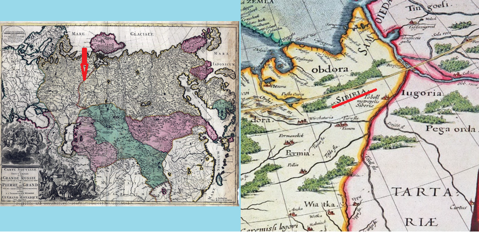 Слева -голландская карта России 1770-го года Оттенса. Стрелкой показана явная граница между Европейской Россией (названной Московией) и её восточной частью, уже обозначенной Сибирью, а не Московской Тартарией. Камчатка имеет совсем другие очертания, будучи ещё не осевшим массивом верхней Земли. Справа - часть карты "TABVLA RUSSIAE" из Большого Атласа Блау 1665 года. Подчёркнуто обозначение тогда Сибири, как части Московии.