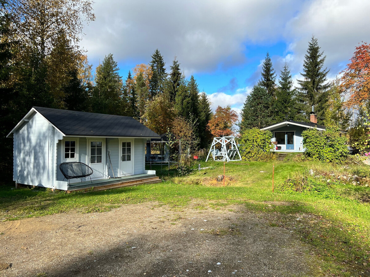На участке стоят две постройки — мини-домик со спальнями (на переднем плане) и основной домик, где находятся кухня-гостиная и все удобства