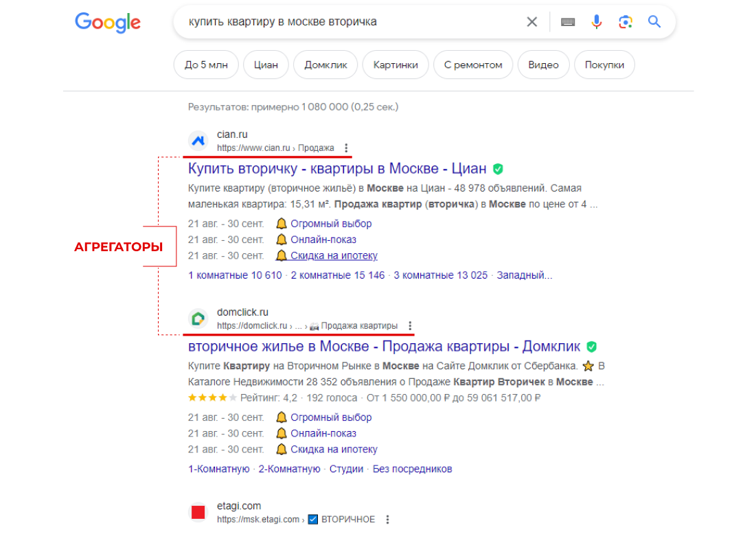     Пример поисковой выдачи в Google