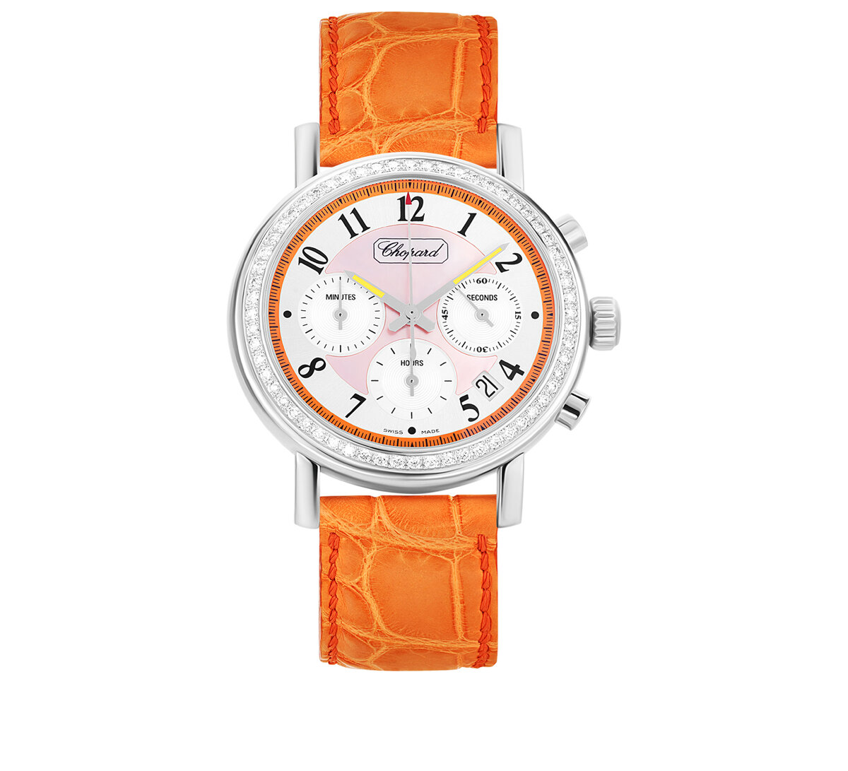 Хронограф Chopard Elton John в 39.1 мм корпусе из белого золота с бриллиантами по безелю и указателями даты. Ограниченная серия: 2000 шт