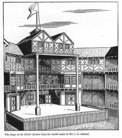 Сцена в Globe Theatre. Театр был построен в начале 1599 года, первой постановкой в нём была пьеса "Как вам это понравится" (As You Like It). В 1613 году, во время представления "Генриха VIII" (Henry VIII), в ознаменование въезда короля выстрелила пушка, и от случайной искры загорелась соломенная крыша. За один час театр был разрушен. Реконструкция  Globe Theatre началась немедленно и была завершена к июню 1614 года. 
