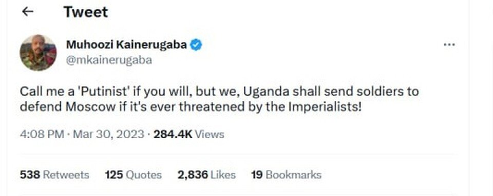     Твит сына президента Уганды Йовери Мусевени Мухузи Кайнеругаба