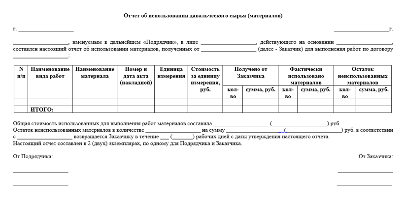 Отчет об использовании давальческих материалов образец м 29