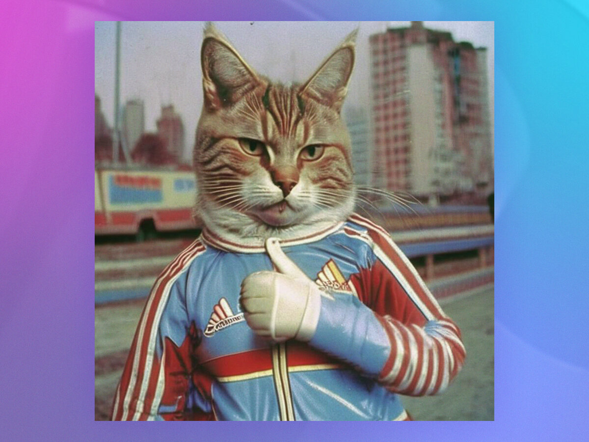 Сурового кота получили по запросу «крупный план кота в спортивном костюме adidas 1990 года, палец вверх, ретро фото, советский город».