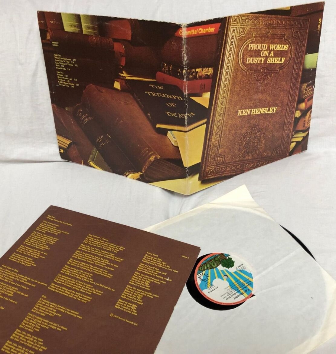 Внешний разворот конверта немецкого выпуска альбома Ken Hensley «Proud Words On A Dusty Shelf», 1973 г., пластинка и внутренняя вкладка для нее