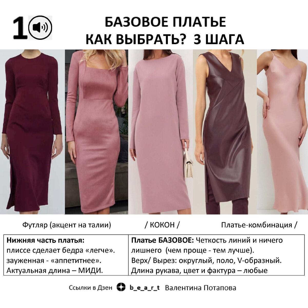 Платье БАЗОВОЕ: Четкость линий и ничего лишнего (чем проще - тем лучше). Верх/ Вырез: округлый, поло, V-образный. Длина рукава, цвет и фактура – любые