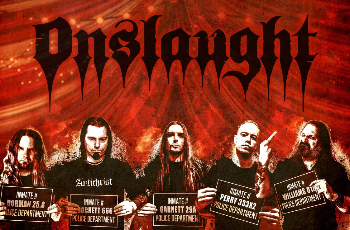 ONSLAUGHT - наши дни - слева направо: Уэйн Дорман, Найдж Роккет, Дэйв Гарнетт, Джеймс Перри и Джефф Уильямс