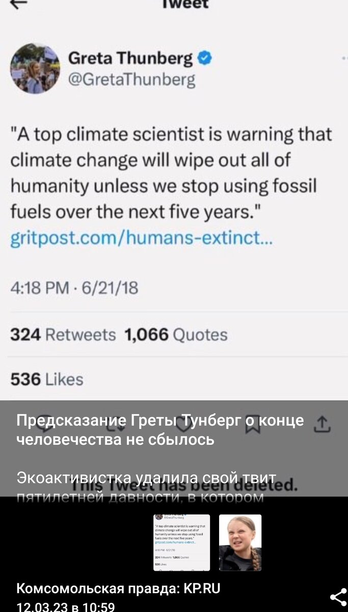 Давеча Грету Тунберг уличили в… Ну даже непонятно в чем… #Грета по малолетству 5 лет назад в твиттере затвитела, что мол некие авторитетные климатические ученые (top climate scientist) предупреждают,