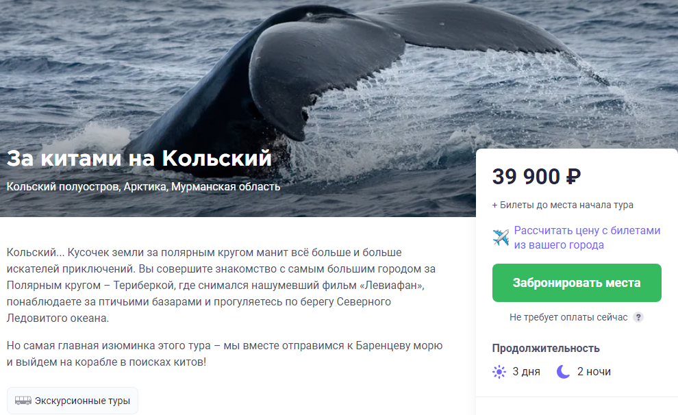 В цену тура включены все экскурсии, трансфер из и в Мурманск, проживание в отеле 3*, один обед с морепродуктами, добытыми во время выхода в море. Отдельно оплачиваются билеты до Мурманска и питание.