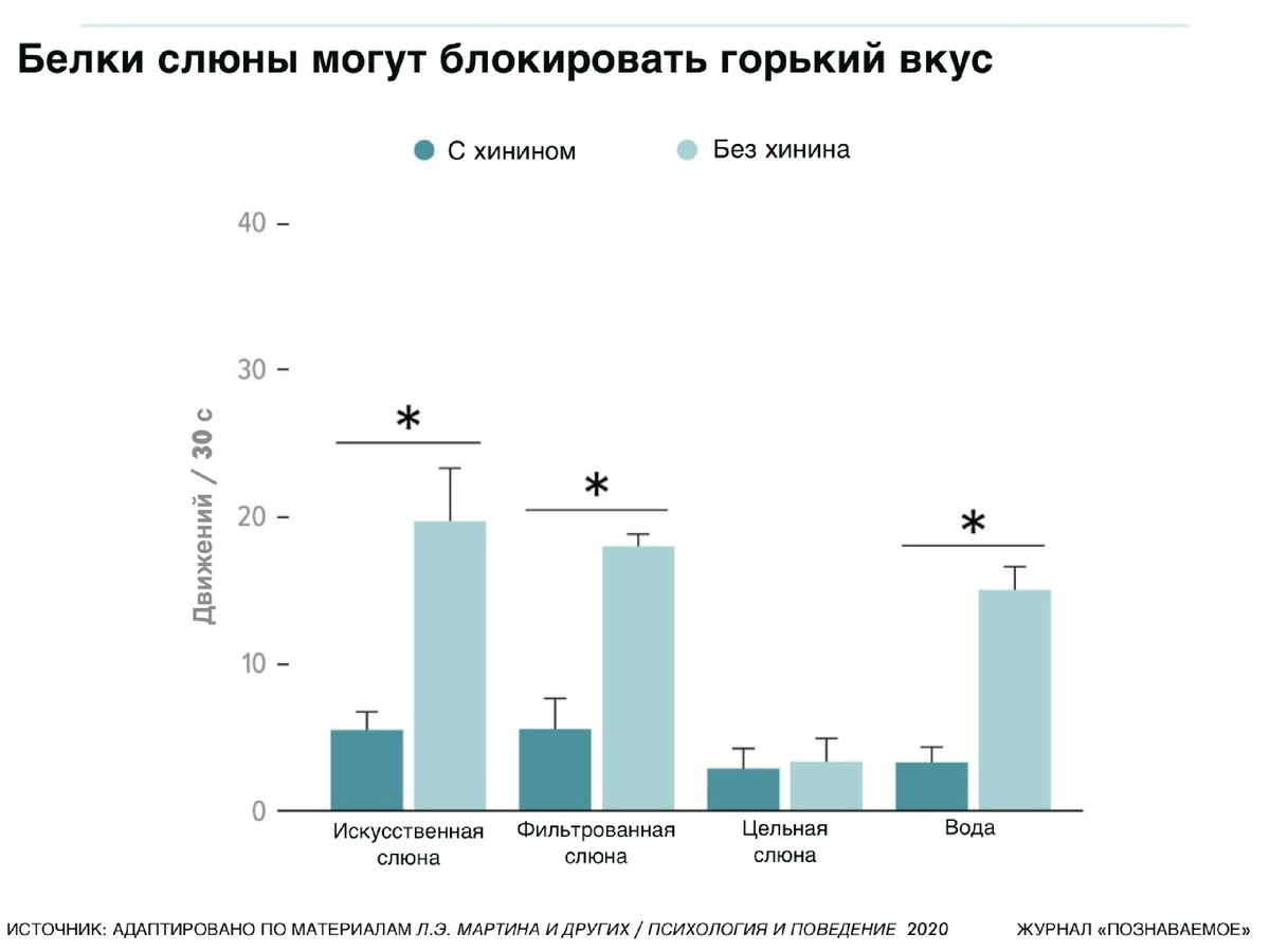 Чтобы выяснить, влияет ли питание человека на состав его слюны, исследователи собрали слюну у крыс, привыкших к диете с хинином (он горький на вкус). Затем ученые влили эту слюну крысам, никогда с хинином не сталкивавшимся. После чего зафиксировали степень отвращения у грызунов (крысы демонстрировали характерные реакции: определенные движения рта, высовывание языка или облизывание лап). Крысы, которым давали донорскую слюну от питавшихся горьким кормом собратьев, не проявляли отвращения ко вкусу хинина, тогда как хвостатые, получавшие обычную воду или искусственную слюну, реагировали очень активно. Этот антигорчащий эффект слюны подопытных крыс, по-видимому, вызван характерными белками. И после фильтрации, которая удаляет белки, исчезает и защитный эффект. 