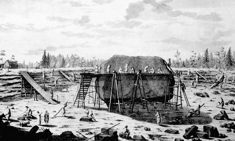 15 ноября 1769 году началась уникальная операция по транспортировки камня, которая продолжалась более 4 месяцев. Организаторы процесса долгое время не представляли, как доставить это «дикую скалу» в столицу. По легенде, некий слесарь по фамилии Фюгнер предложил идею «шаровой машины», проверенную на небольшой модели. Камень чисто стесанной поверхностью «низа» ставился на мощную опорную раму («сани»), выполненную из двух составных деревянных брусьев. В нижней части брусьев, жестко скрепленных тяжами и распорами в цельную раму, врезаны были литые медные опрокинутые вниз желоба. Этим брусьям отвечали направляющие рельсовые брусья с такими же желобами, укладываемые на безупречно подготовленное полотно зимней дороги.