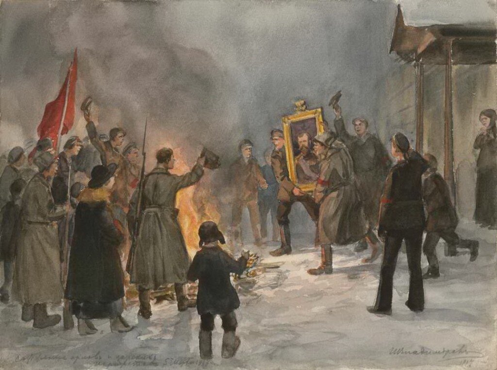 Иван Владимиров. "Солдаты сжигают портрет царя", 1918 г.