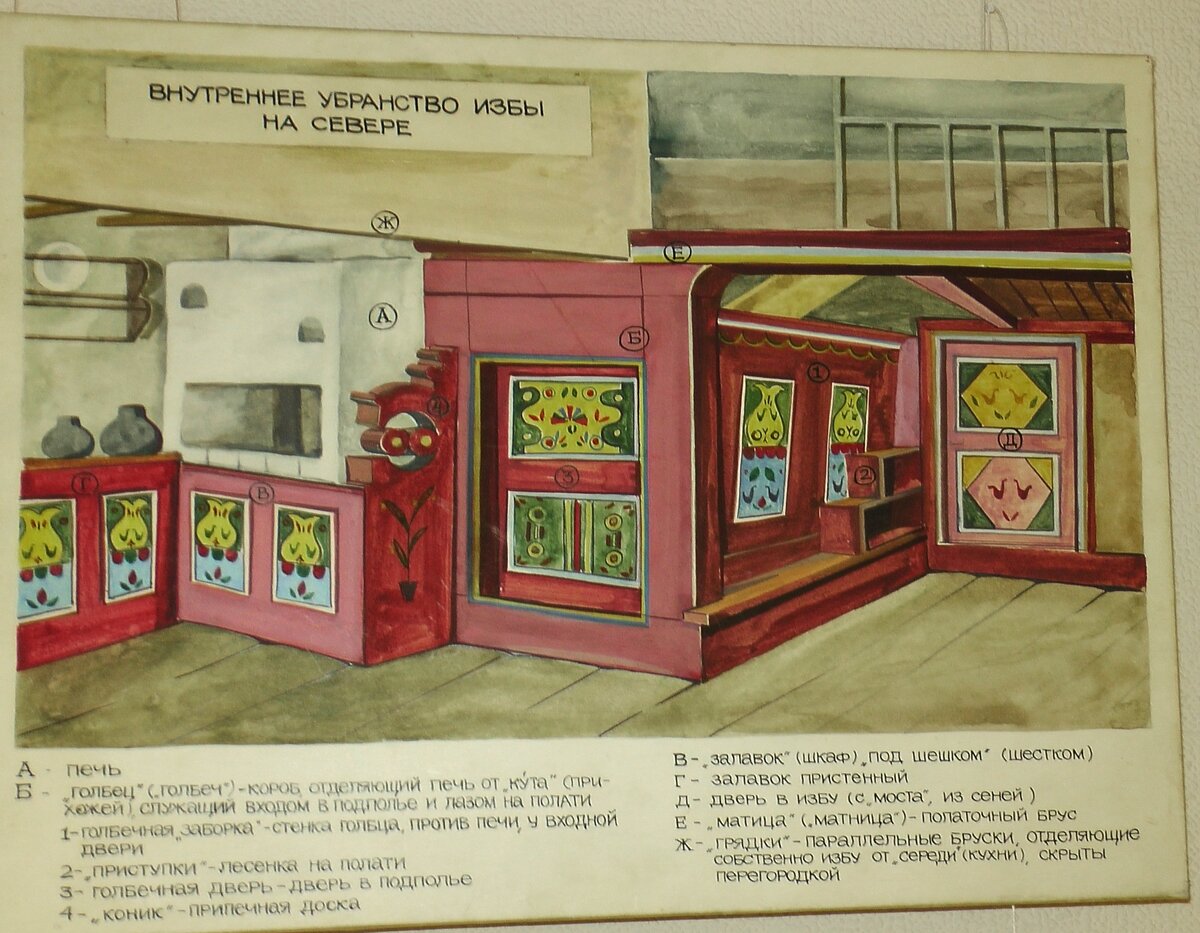 фото с выставки Кировского краеведческого музея. А - печь. Б - "голбец" ("голбеч") - короб, отделяющий печь от кута (прихожей), служащий входом в подполье и лазом на полати  1- голбечная "заборка" - стена голбца против печи у входной двери,
2 -  "приступки" - лесенка на полати,
3 - голбечная дверь - дверь в подполье,
4 - "конник" - припечная доска.
В -  "залавок" (шкаф) "под шешком" (шестом)
Г  - залавок пристенный
Д - дверь в избу (с "моста", из сеней)
Е - "матица" ("матница") - полаточный брус
Ж - "грядки" - параллельные бруски отделяющие собственно избу от "середи" (кухни), скрыты перегородкой