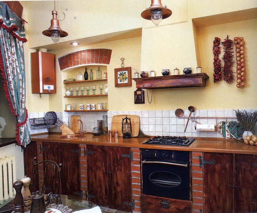 Интерьер кухни с печкой - 66 фото