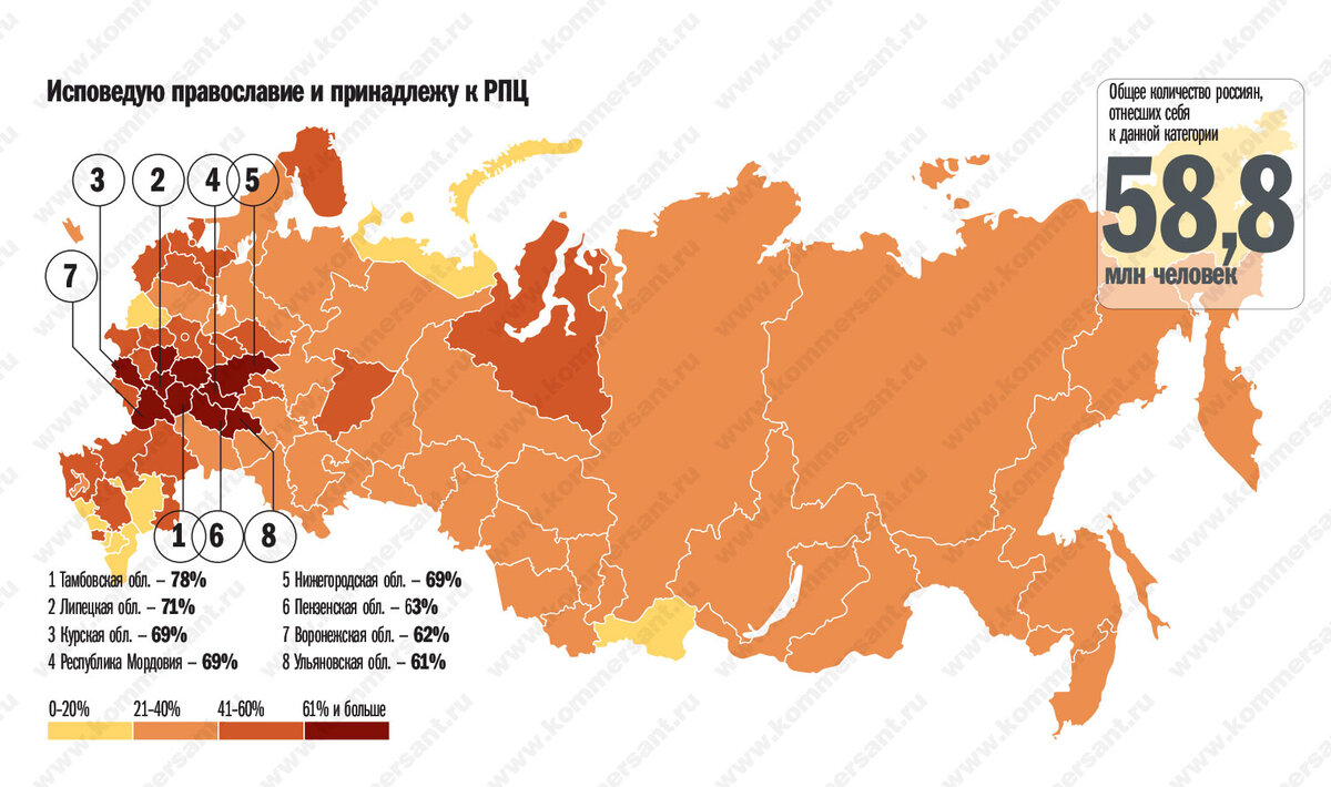 Количество православных россиян по регионам страны, %