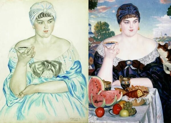 Борис Кустодиев «Купчиха за чаем». Картина и эскиз.