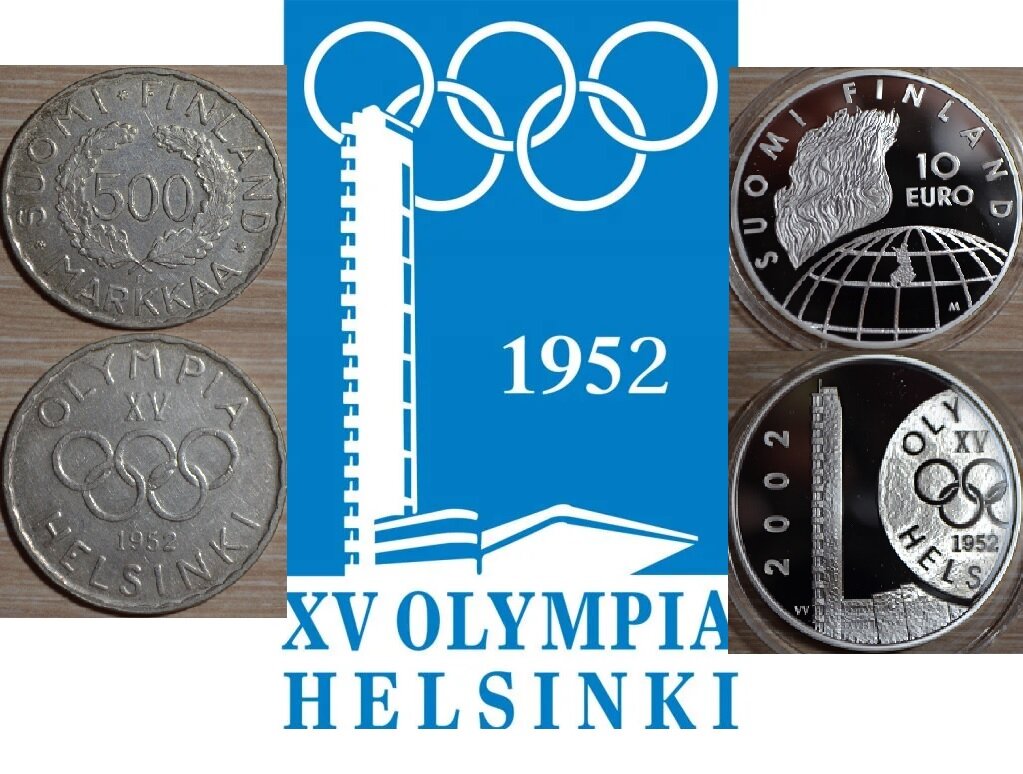 Эмблема Олимпийских игр в Хельсинки и монеты, посвященные играм (эмблема Яндекс.Картинки)