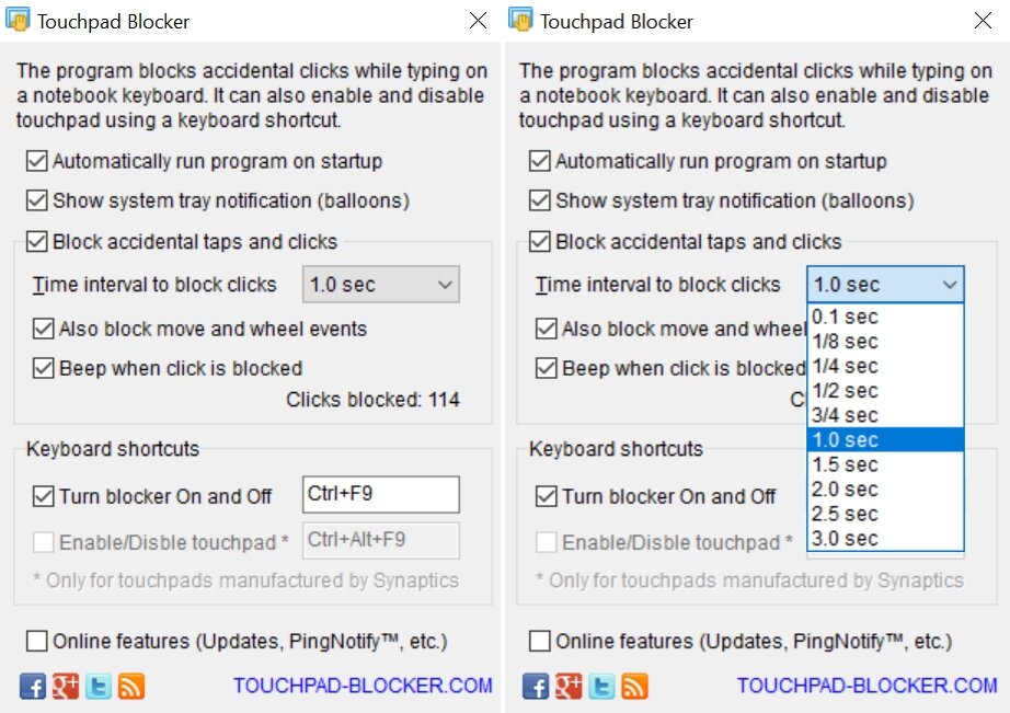 Программа имеет встроенный счетчик, который показывает сколько ложных срабатываний было заблокировано за время работы / я довольно много времени провожу, печатая, за своим "кофейным" ноутбуком, поэтому для меня утилита Touchpad Blocker - незаменимый помощник!
