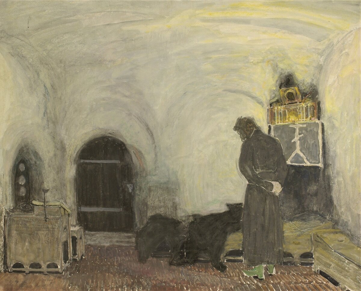 А. Я. Головин. «Борис Годунов». Эскиз декорации. Келья. 1910-1911 гг. Картон, акварель, гуашь, пастель