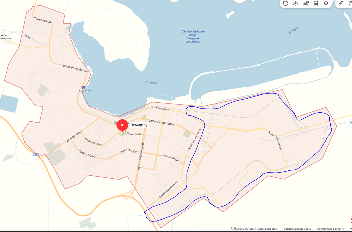 Красный - город. Синий - завод