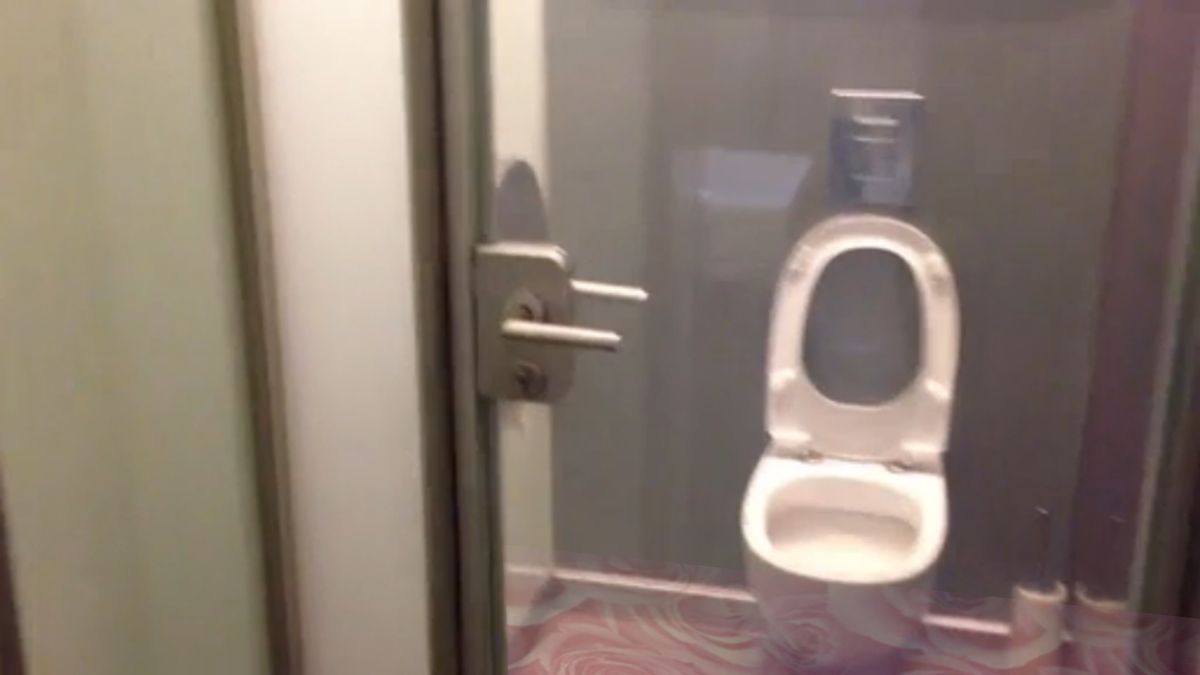 Снизу на стеклянные двери наклеена полупрозрачная пленка с розочками, которая особо ничего не прикрывает