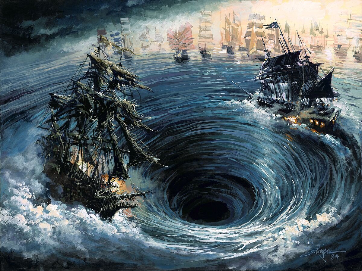 Нарисованный арт - сцена водоворот.