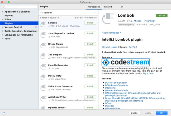 Добавление плагина Lombok в IntelliJ