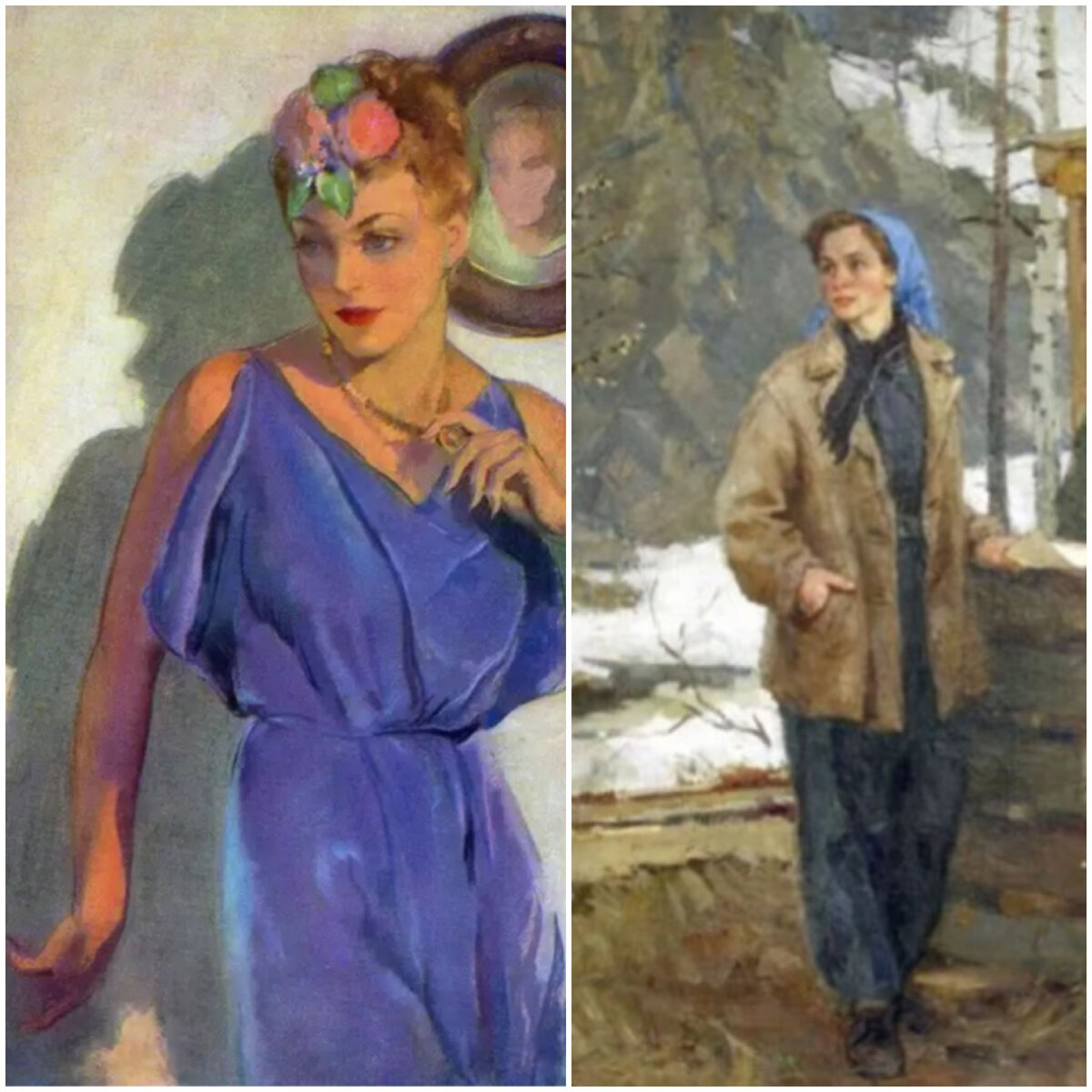 Картина американского художника Гая Хоффа (1889-1962) и фрагмент живописного полотна И.Н. Нестерова "Весной повеяло" в стиле социалистического реализма с выставки  Екатеринбургского музея изобразительных искусств "Отечественное искусство 1940-1991.