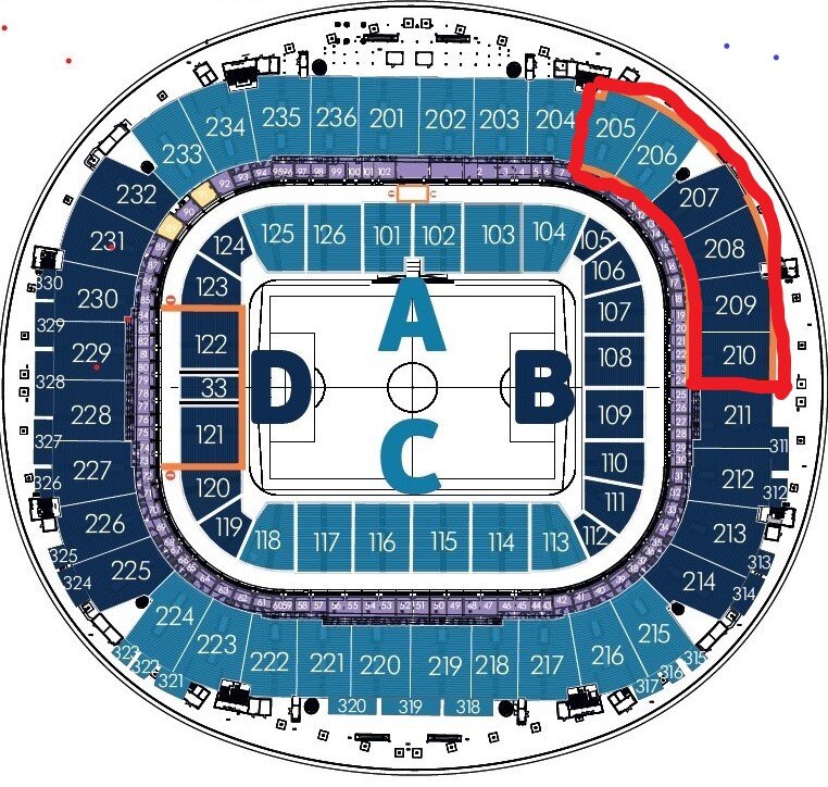 Новая схема расположения секторов на стадионе с новой нумерацией секторов. Красным выделены сектора, где располагаются активные болельщики гостевой команды . Ниже - старая схема расположения гостевых секторов  для сезонов до 2022 2023 включительно