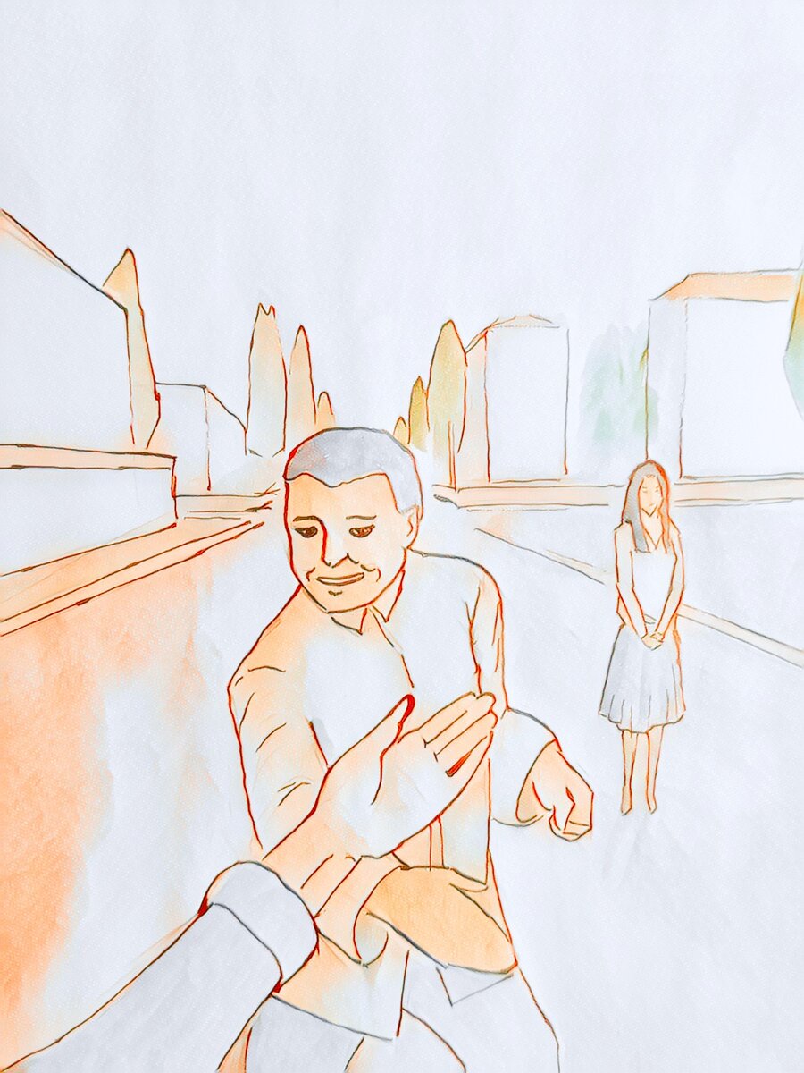 Разборки в стиле кунг-фу с улыбающимся мужиком. Справа девушка, у которой я спрашивал картинку. Она показалась мне знакомой.