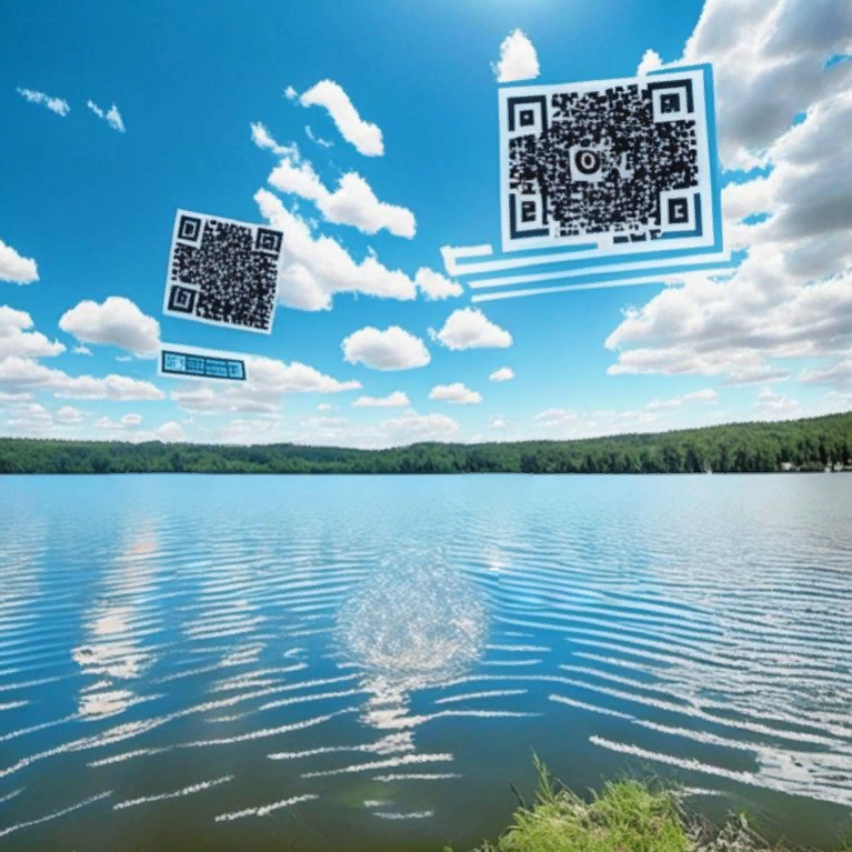 Изображение нейросети Кандинский 2.1 по текстовому описанию: "3 qr кода парят над озером" (fusionbrain.ai). Коллаж. Стиль изображения: «Без стиля».