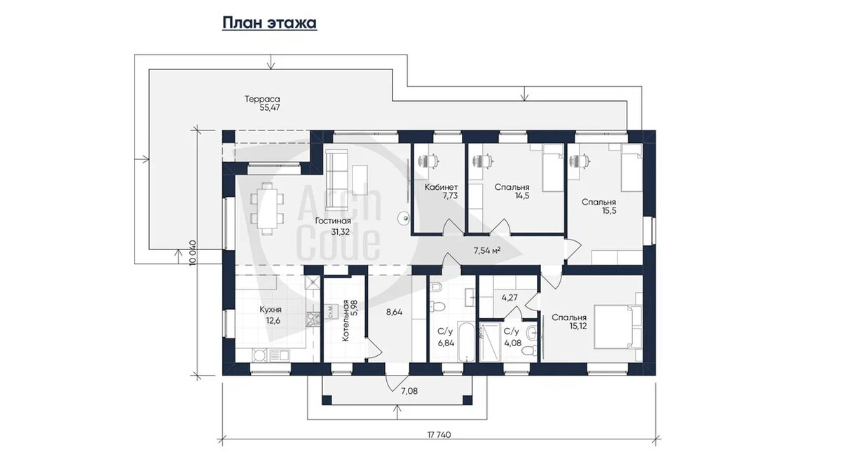 Проект одноэтажного дома с террасой | ArchCode | Проектирование домов | Дзен