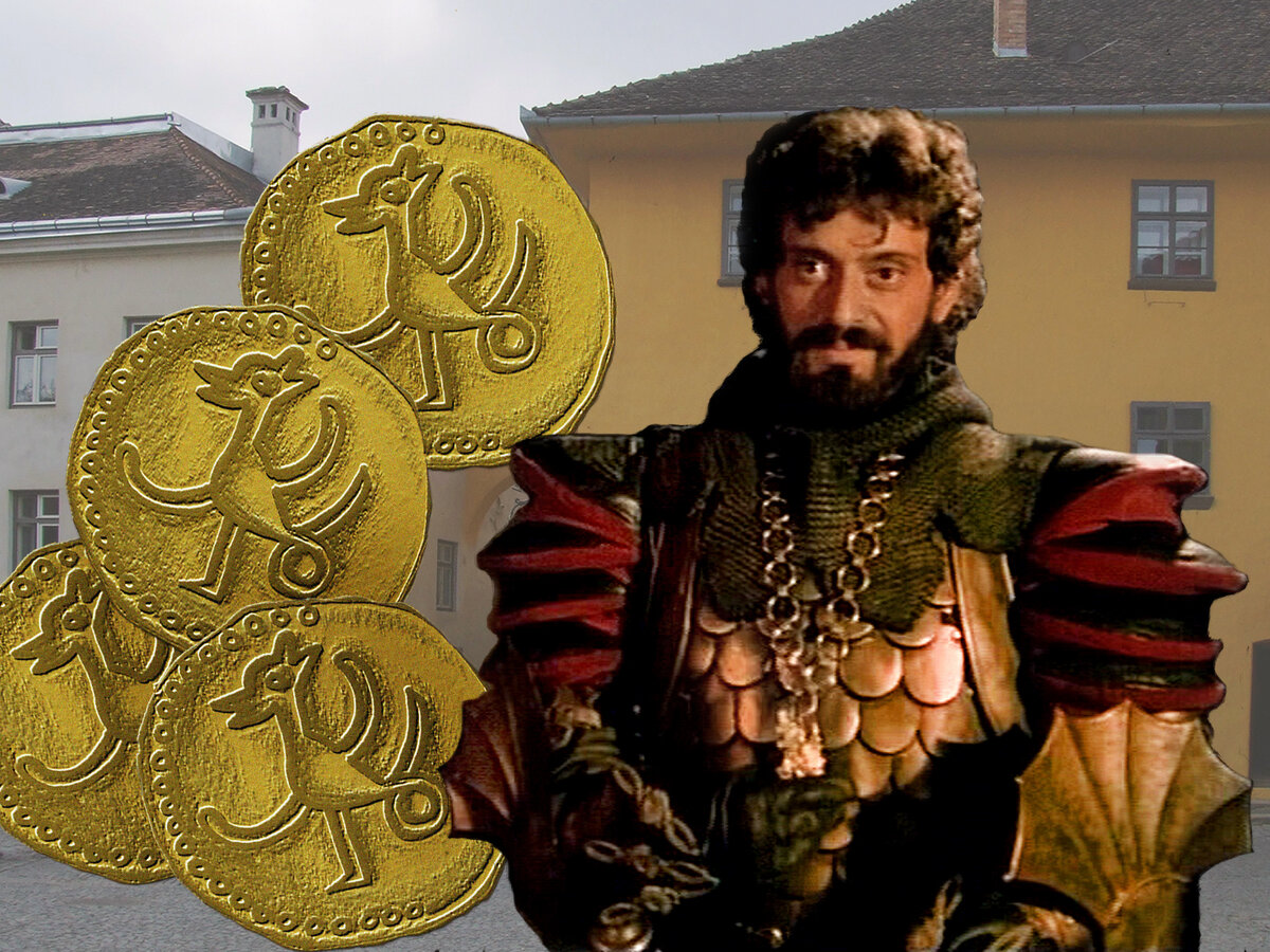 Отец Дракулы на фоне своего дома в Сигишоаре и те самые монеты (Авторский коллаж)